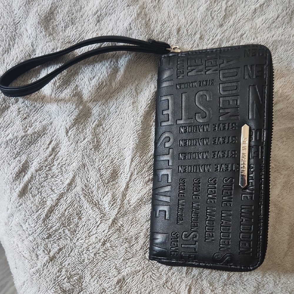 Steve Madden Black Embossed Logo Wristlet Clutch